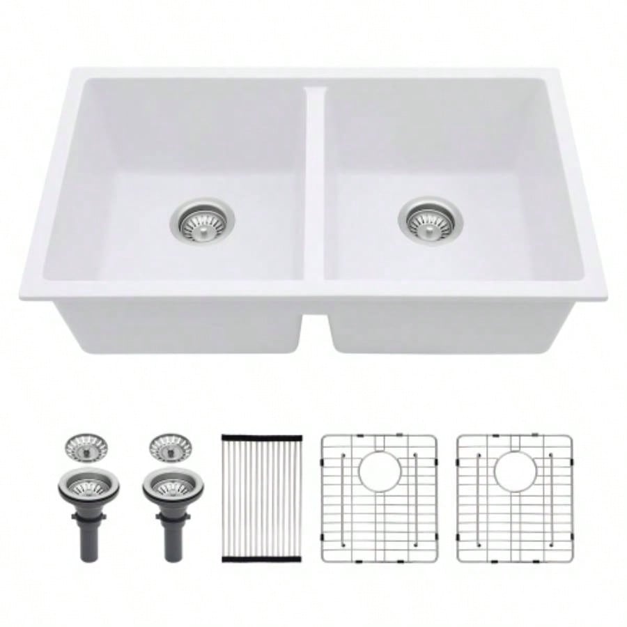 Quartz Kitchen Sink - 33x 19 White granite composite undermount kitchen sink Double Bowl50/50