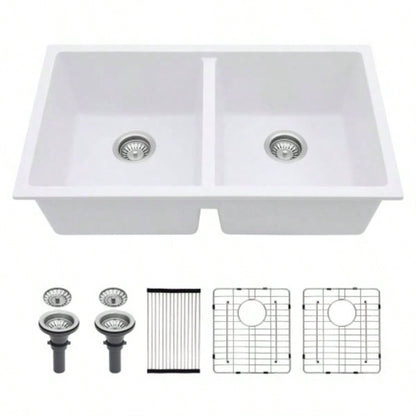 Quartz Kitchen Sink - 33x 19 White granite composite undermount kitchen sink Double Bowl50/50