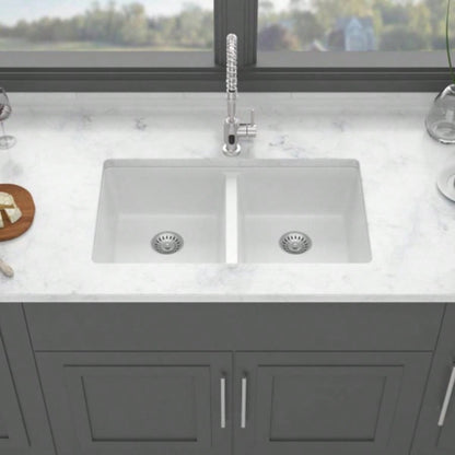 Quartz Kitchen Sink - 33x 19 White granite composite undermount kitchen sink Double Bowl50/50