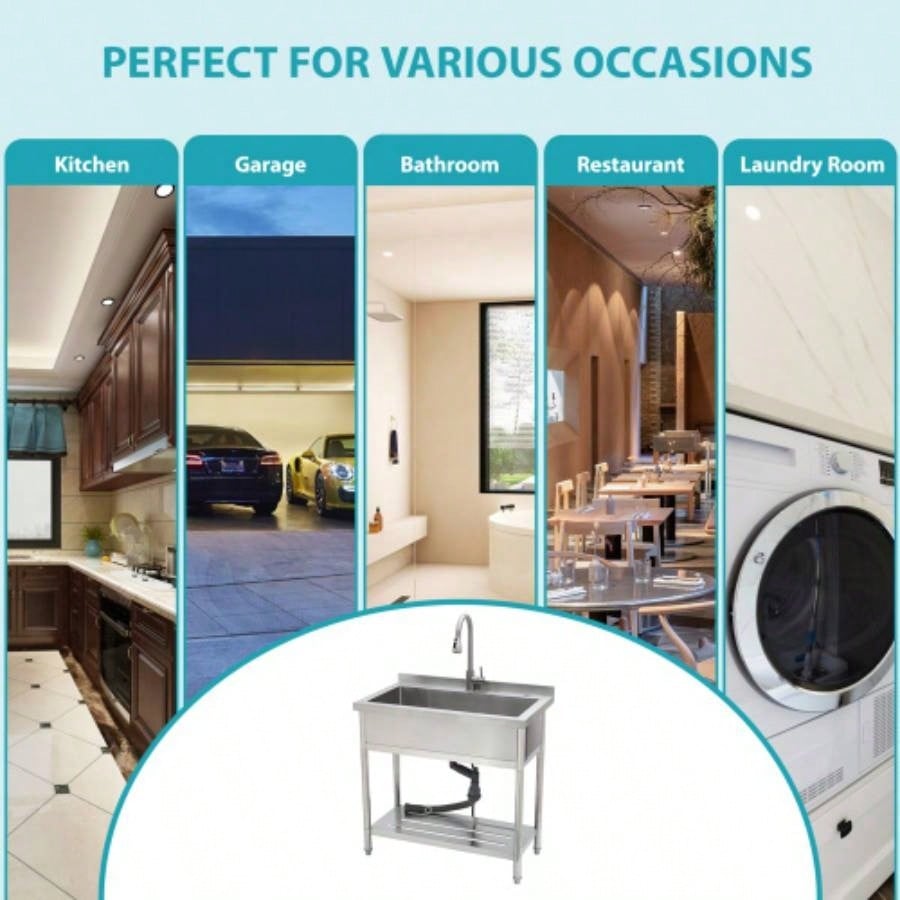 21Dx 36x 35.5H Stainless Steel Large Utility Sink Single Bowl, Freestanding Commercial Restaurant Sink with Pull - Out Faucet, Utility Sink Laundry Room, Garage, Kitchen