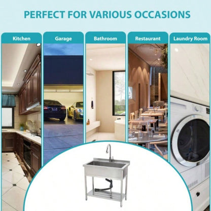 21Dx 36x 35.5H Stainless Steel Large Utility Sink Single Bowl, Freestanding Commercial Restaurant Sink with Pull - Out Faucet, Utility Sink Laundry Room, Garage, Kitchen