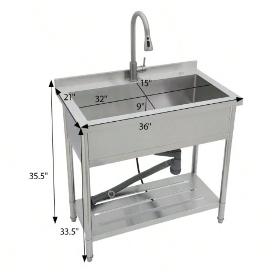 21Dx 36x 35.5H Stainless Steel Large Utility Sink Single Bowl, Freestanding Commercial Restaurant Sink with Pull - Out Faucet, Utility Sink Laundry Room, Garage, Kitchen
