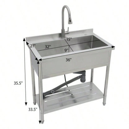 21Dx 36x 35.5H Stainless Steel Large Utility Sink Single Bowl, Freestanding Commercial Restaurant Sink with Pull - Out Faucet, Utility Sink Laundry Room, Garage, Kitchen