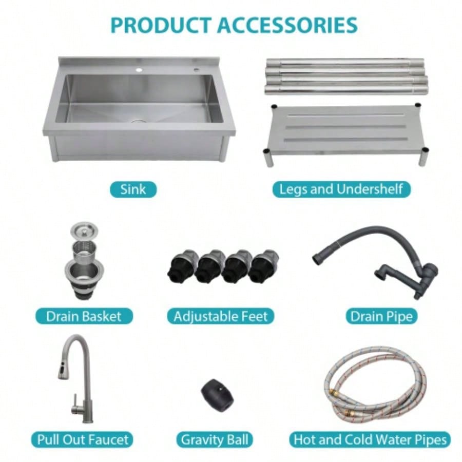 21Dx 36x 35.5H Stainless Steel Large Utility Sink Single Bowl, Freestanding Commercial Restaurant Sink with Pull - Out Faucet, Utility Sink Laundry Room, Garage, Kitchen