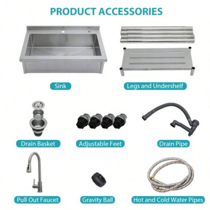 21Dx 36x 35.5H Stainless Steel Large Utility Sink Single Bowl, Freestanding Commercial Restaurant Sink with Pull - Out Faucet, Utility Sink Laundry Room, Garage, Kitchen