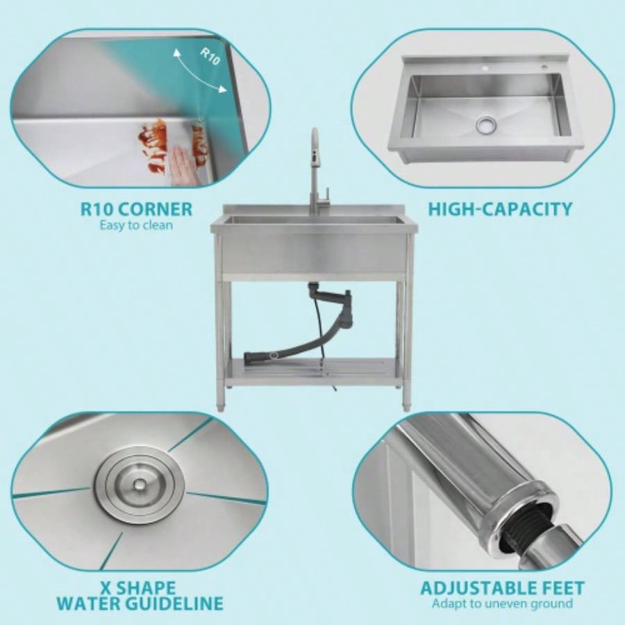 21Dx 36x 35.5H Stainless Steel Large Utility Sink Single Bowl, Freestanding Commercial Restaurant Sink with Pull - Out Faucet, Utility Sink Laundry Room, Garage, Kitchen