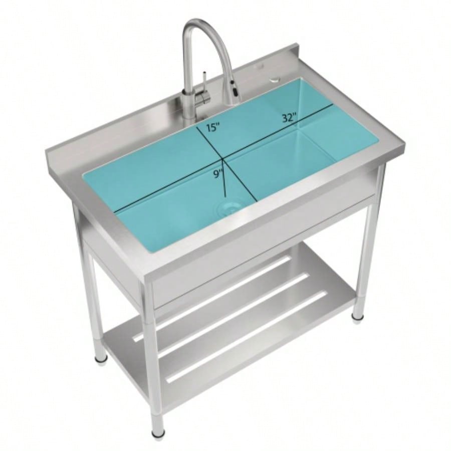 21Dx 36x 35.5H Stainless Steel Large Utility Sink Single Bowl, Freestanding Commercial Restaurant Sink with Pull - Out Faucet, Utility Sink Laundry Room, Garage, Kitchen