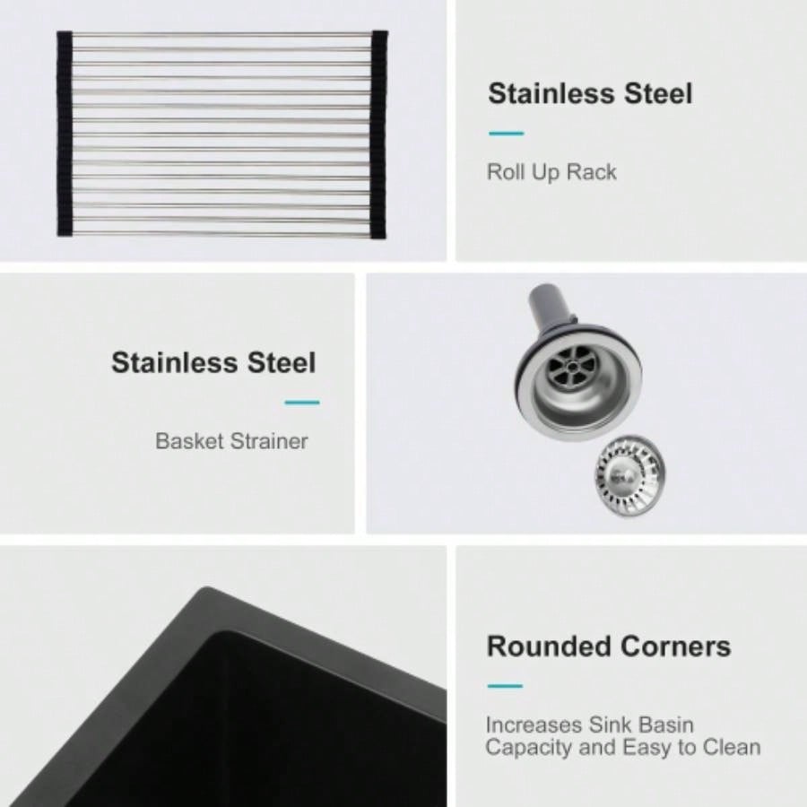 Quartz Kitchen Sink - 17.71x15.74 Black granite composite undermount kitchen sink