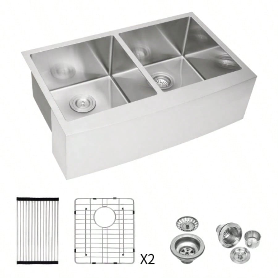 Double Bowl 50/50 Farmhouse Sink - 33x21x10 Stainless Steel Apron Front Kitchen Sink 16 Gauge with Two 10 Deep Basin
