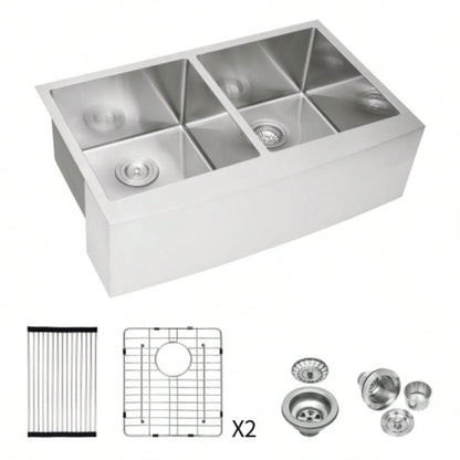 Double Bowl 50/50 Farmhouse Sink - 33x21x10 Stainless Steel Apron Front Kitchen Sink 16 Gauge with Two 10 Deep Basin