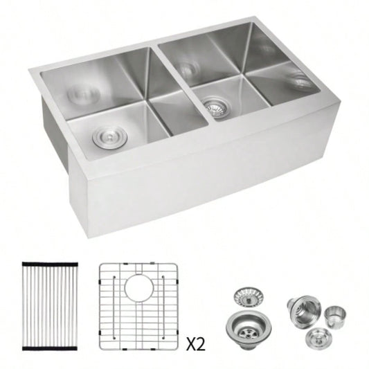Double Bowl 50/50 Farmhouse Sink - 33x21x10 Stainless Steel Apron Front Kitchen Sink 16 Gauge with Two 10 Deep Basin