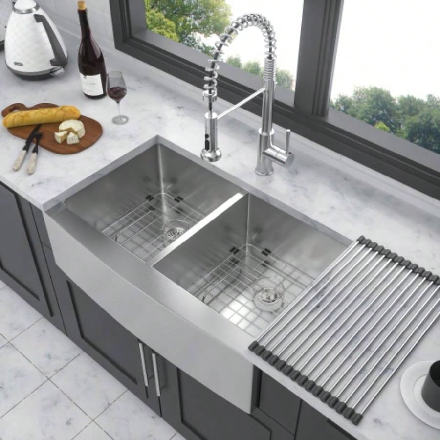 Double Bowl 50/50 Farmhouse Sink - 33x21x10 Stainless Steel Apron Front Kitchen Sink 16 Gauge with Two 10 Deep Basin