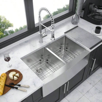 Double Bowl 50/50 Farmhouse Sink - 33x21x10 Stainless Steel Apron Front Kitchen Sink 16 Gauge with Two 10 Deep Basin