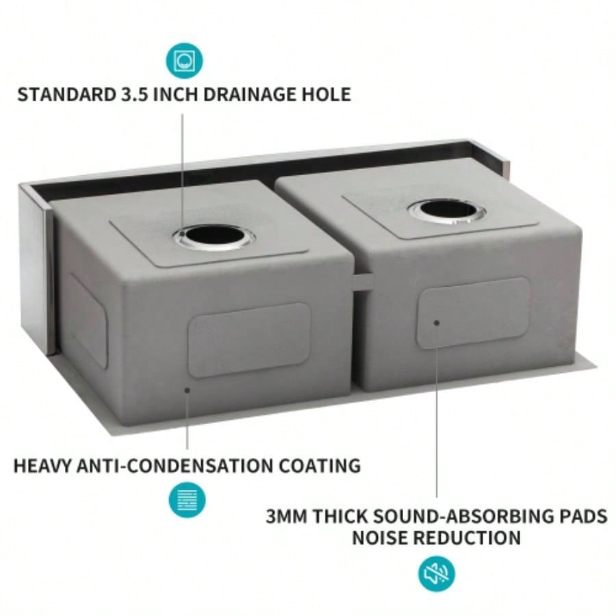 Double Bowl 50/50 Farmhouse Sink - 33x21x10 Stainless Steel Apron Front Kitchen Sink 16 Gauge with Two 10 Deep Basin