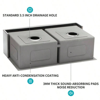 Double Bowl 50/50 Farmhouse Sink - 33x21x10 Stainless Steel Apron Front Kitchen Sink 16 Gauge with Two 10 Deep Basin