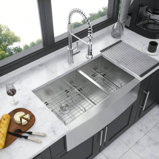Double Bowl Farmhouse Sink - 33x20 Stainless Steel Farm Sink Undermount Apron Front Double Bowl Kitchen Sink 16 Gauge with Two 9 Deep Basin