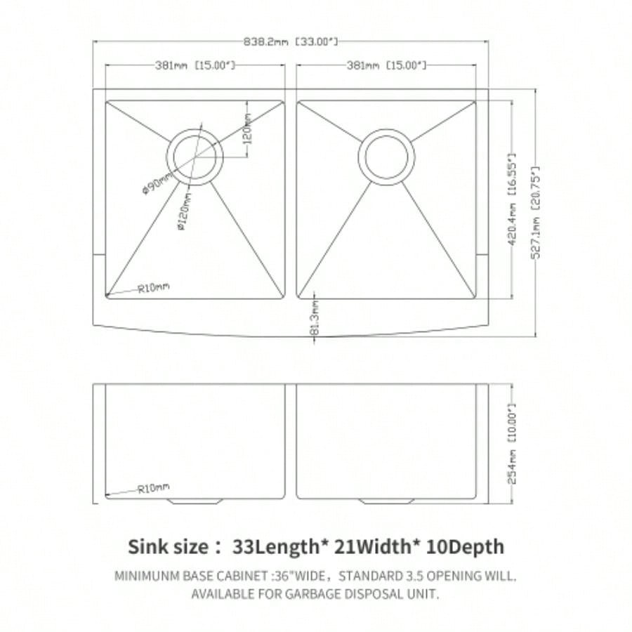 Double Bowl 50/50 Farmhouse Sink - 33x21x10 Stainless Steel Apron Front Kitchen Sink 16 Gauge with Two 10 Deep Basin