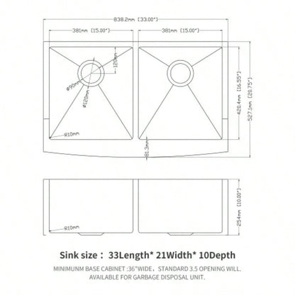 Double Bowl 50/50 Farmhouse Sink - 33x21x10 Stainless Steel Apron Front Kitchen Sink 16 Gauge with Two 10 Deep Basin