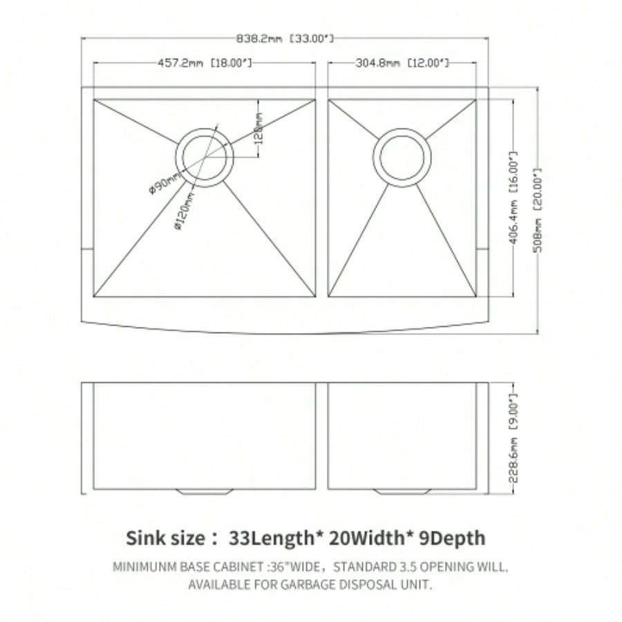 Double Bowl Farmhouse Sink - 33x20 Stainless Steel Farm Sink Undermount Apron Front Double Bowl Kitchen Sink 16 Gauge with Two 9 Deep Basin