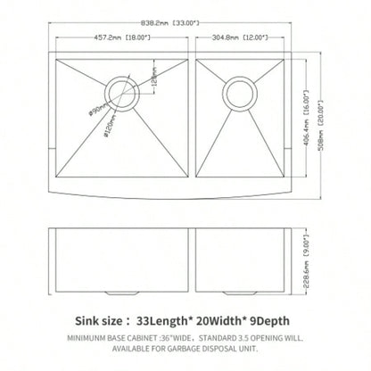 Double Bowl Farmhouse Sink - 33x20 Stainless Steel Farm Sink Undermount Apron Front Double Bowl Kitchen Sink 16 Gauge with Two 9 Deep Basin