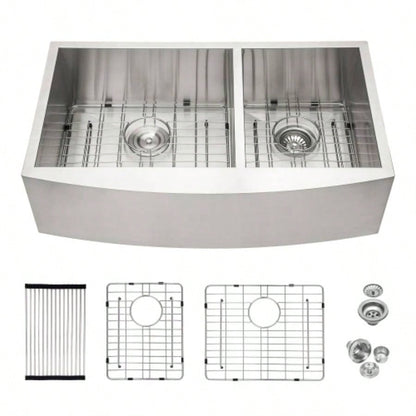 Double Bowl Farmhouse Sink - 33x20 Stainless Steel Farm Sink Undermount Apron Front Double Bowl Kitchen Sink 16 Gauge with Two 9 Deep Basin