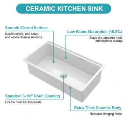 Undermount White Kitchen Sink Workstation - 33 inch White Porcelain Ceramic Single Bowl Dual Mount Kitchen Sink