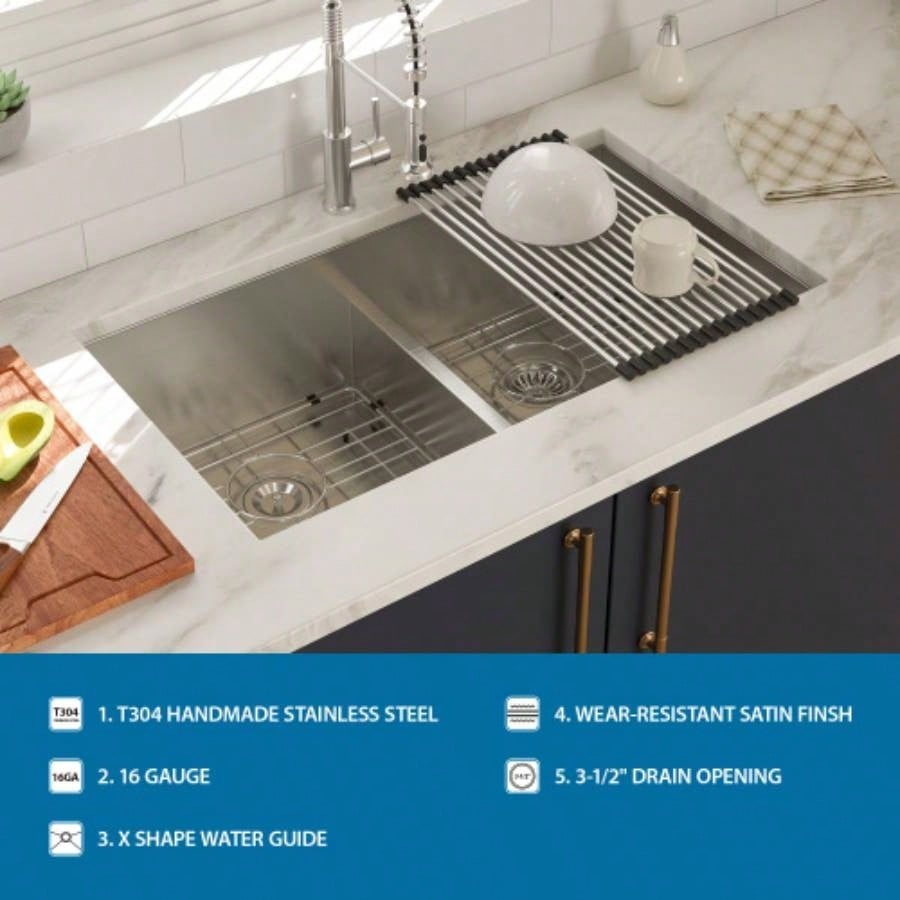 Double Bowl50/50 Undermount Sink - 36x 19 Double Bowl Kitchen Sink 16 Gauge with Two 10 Deep Basin