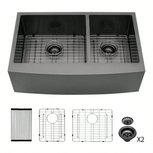 Gunmetal Black Double Bowl 60/40 Farmhouse Sink - 36x21x10Stainless Steel Apron Front Kitchen Sink 16 Gauge with Two 10 Deep Basin