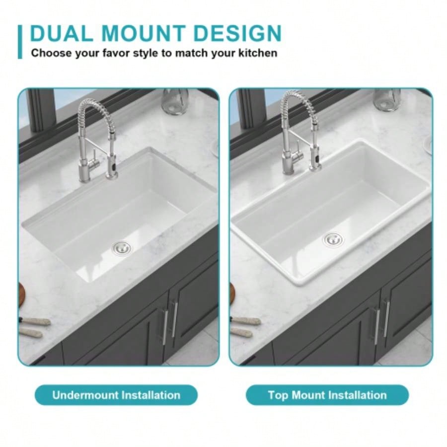 Undermount White Kitchen Sink Workstation - 33 inch White Porcelain Ceramic Single Bowl Dual Mount Kitchen Sink