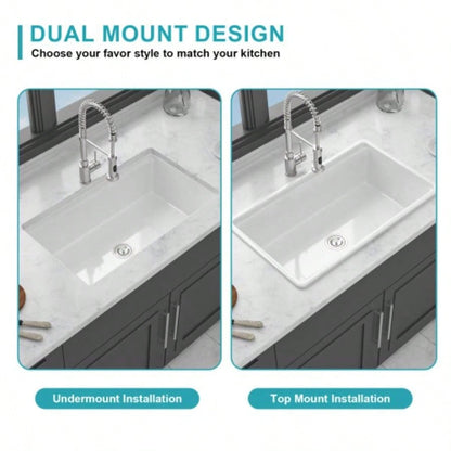 Undermount White Kitchen Sink Workstation - 33 inch White Porcelain Ceramic Single Bowl Dual Mount Kitchen Sink