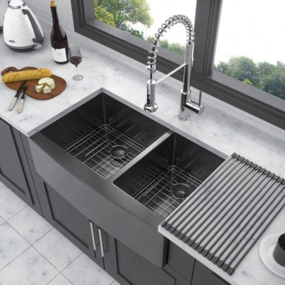 Gunmetal Black Double Bowl 60/40 Farmhouse Sink - 36x21x10Stainless Steel Apron Front Kitchen Sink 16 Gauge with Two 10 Deep Basin