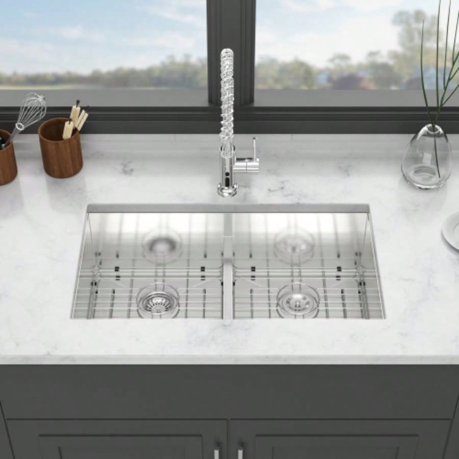 Double Bowl50/50 Undermount Sink - 36x 19 Double Bowl Kitchen Sink 16 Gauge with Two 10 Deep Basin