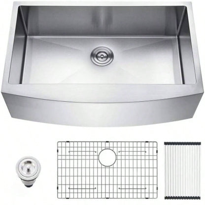 Brushed Nickel 16 gauge Stainless Steel 33 in. Single Bowl Farmhouse Apron Kitchen Sink with Bottom Grid and Basket Strainer