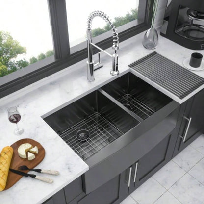Gunmetal Black Double Bowl 60/40 Farmhouse Sink - 36x21x10Stainless Steel Apron Front Kitchen Sink 16 Gauge with Two 10 Deep Basin