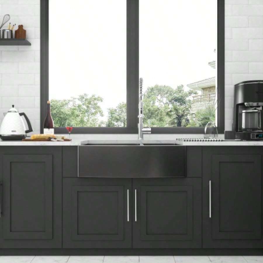 Gunmetal Black Double Bowl 60/40 Farmhouse Sink - 36x21x10Stainless Steel Apron Front Kitchen Sink 16 Gauge with Two 10 Deep Basin