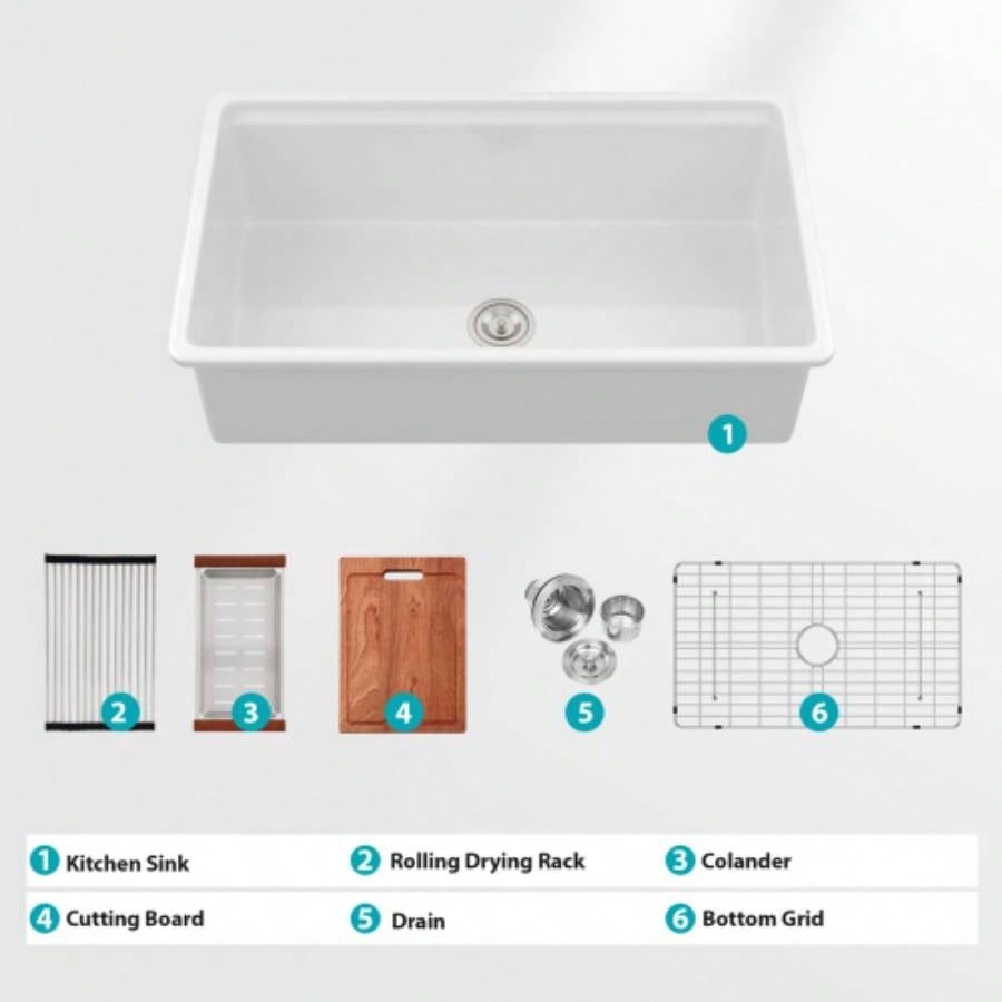 Undermount White Kitchen Sink Workstation - 33 inch White Porcelain Ceramic Single Bowl Dual Mount Kitchen Sink