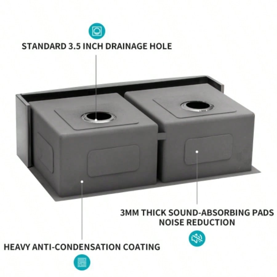 Gunmetal Black Double Bowl 60/40 Farmhouse Sink - 36x21x10Stainless Steel Apron Front Kitchen Sink 16 Gauge with Two 10 Deep Basin