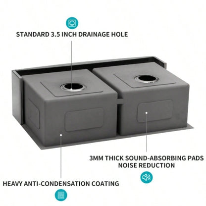 Gunmetal Black Double Bowl 60/40 Farmhouse Sink - 36x21x10Stainless Steel Apron Front Kitchen Sink 16 Gauge with Two 10 Deep Basin
