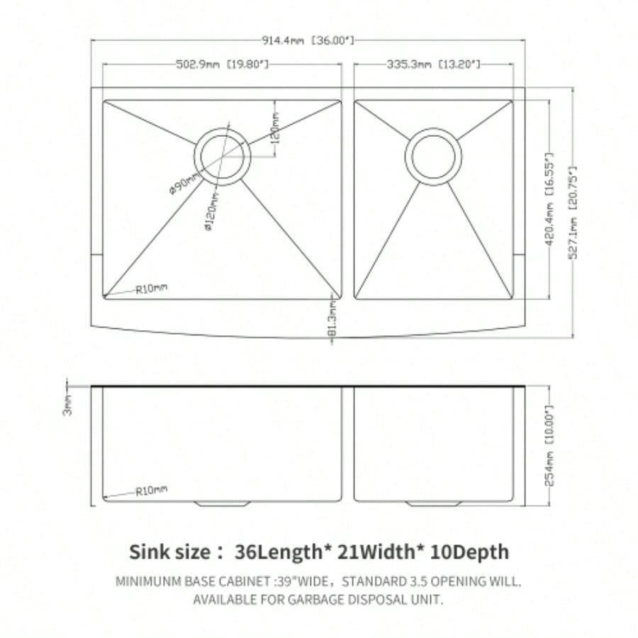 Gunmetal Black Double Bowl 60/40 Farmhouse Sink - 36x21x10Stainless Steel Apron Front Kitchen Sink 16 Gauge with Two 10 Deep Basin