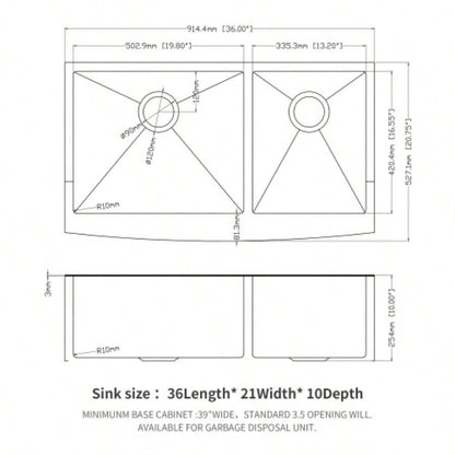 Gunmetal Black Double Bowl 60/40 Farmhouse Sink - 36x21x10Stainless Steel Apron Front Kitchen Sink 16 Gauge with Two 10 Deep Basin