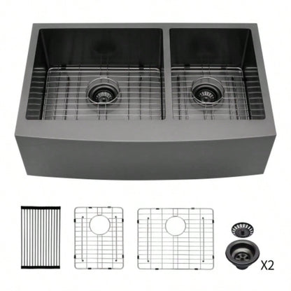 Gunmetal Black Double Bowl 60/40 Farmhouse Sink - 36x21x10Stainless Steel Apron Front Kitchen Sink 16 Gauge with Two 10 Deep Basin