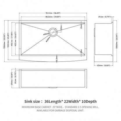 36 Farmhouse Sink Workstation - 36*22*10 Inch Kitchen Sink Stainless Steel 16 gauge Apron Front Kitchen Sink