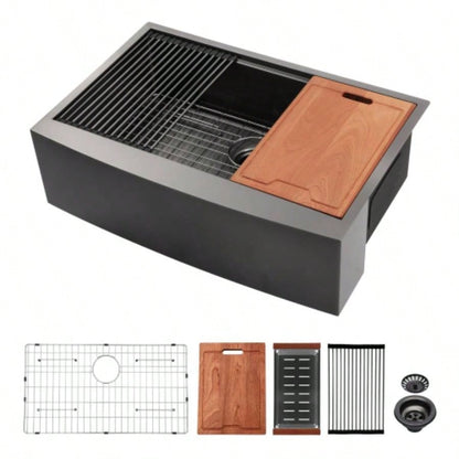 33 Black Farmhouse Sink Workstation - 33 Inch Kitchen Sink Gunmetal Black Stainless Steel 16 gauge Apron Front Kitchen Sink