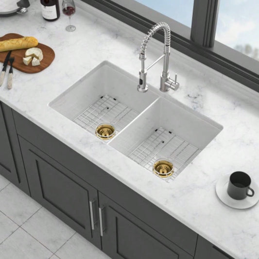32 Undermount Double Bowl Porcelain Ceramic Kitchen Sink - Dual Mount White Ceramic Rectangular Deep Double Bowl Sink Basin