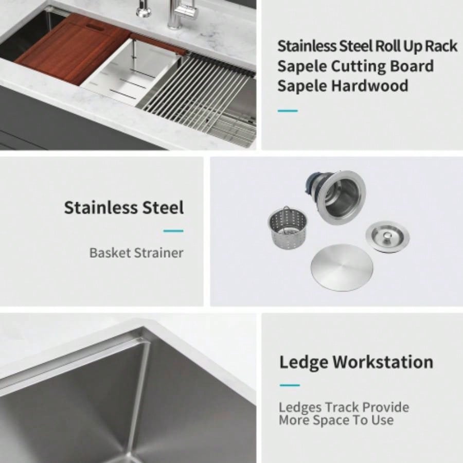 45x19 Inch Single Bowl Undermount Workstation Kitchen Sink - 16 Gauge Stainless Steel Deep Sink