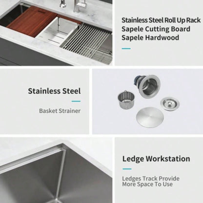 45x19 Inch Single Bowl Undermount Workstation Kitchen Sink - 16 Gauge Stainless Steel Deep Sink