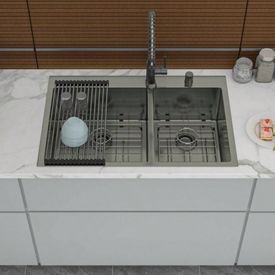 Double Bowl Drop in Sink - 33x22 Gunmetal Black Double Bowl Kitchen Sink 16 Gauge with Two 10 Deep Basin60/40