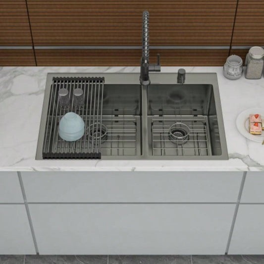 Double Bowl Drop in Sink - 33x22 Gunmetal Black Double Bowl Kitchen Sink 16 Gauge with Two 10 Deep Basin60/40