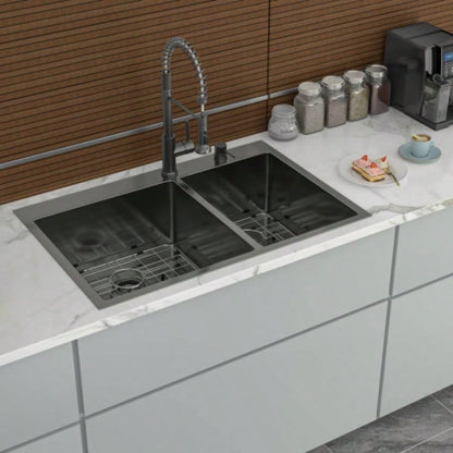 Double Bowl Drop in Sink - 33x22 Gunmetal Black Double Bowl Kitchen Sink 16 Gauge with Two 10 Deep Basin60/40