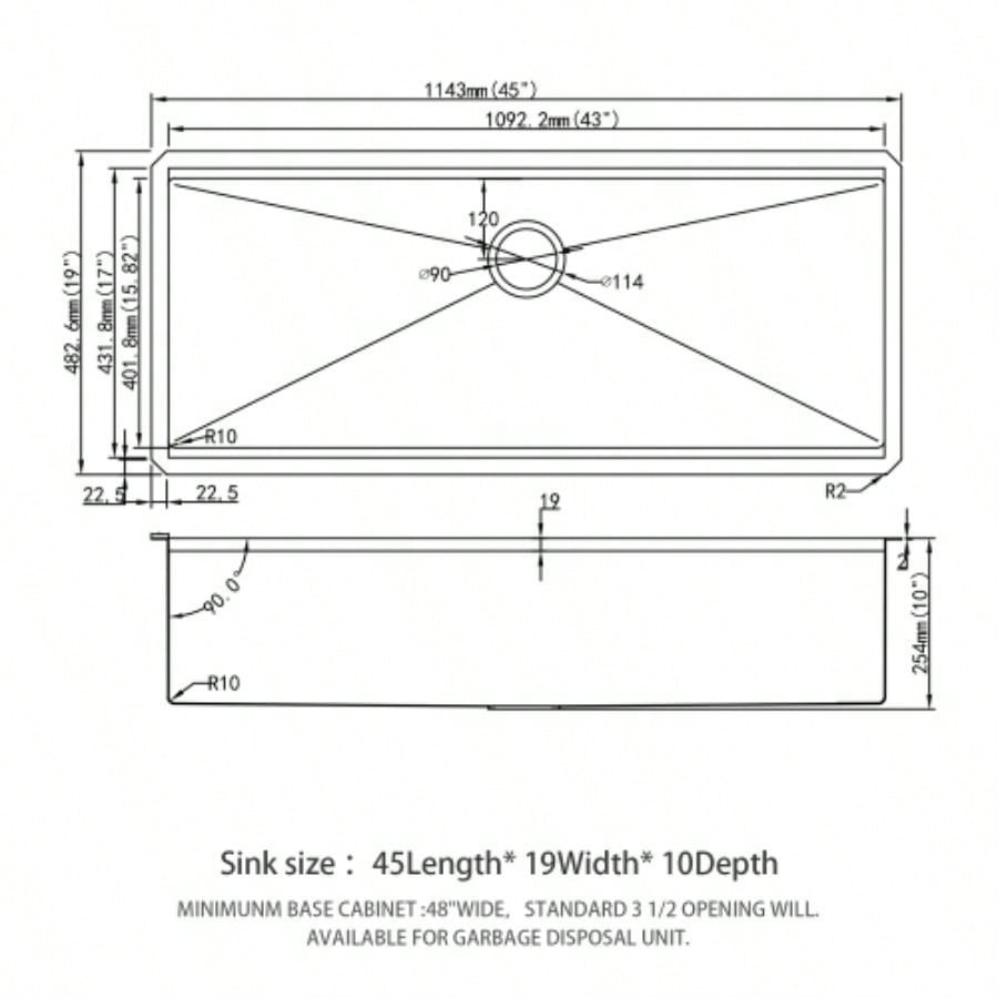 45x19 Inch Single Bowl Undermount Workstation Kitchen Sink - 16 Gauge Stainless Steel Deep Sink